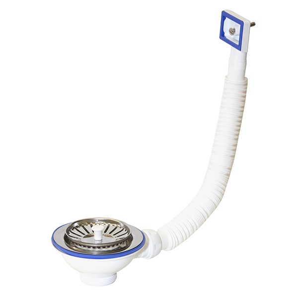 Перелив д/мойки 3 1/2" (112 мм) с нерж. сеткой прямоуг. E155P (винт, шток, ручка-пластик) UNICORN E155P