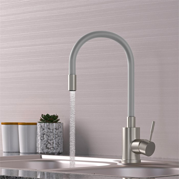 Смеситель для кухни 35k MIXLINE MLSS-0325 СЕРЫЙ гибкий силиконовый излив, п/гайку САТИН MLSS-0325 Серый