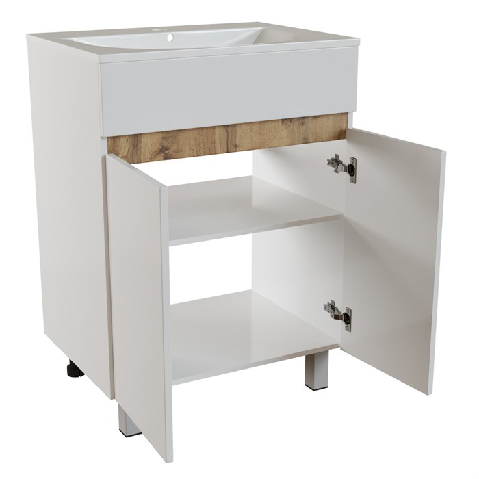 Тумба д/ванной "БРИКС-60" 2 створки белый/дуб вотан под рак."Breeze 60" мебельный (Sanita Luxe)(ПВХ) 556812